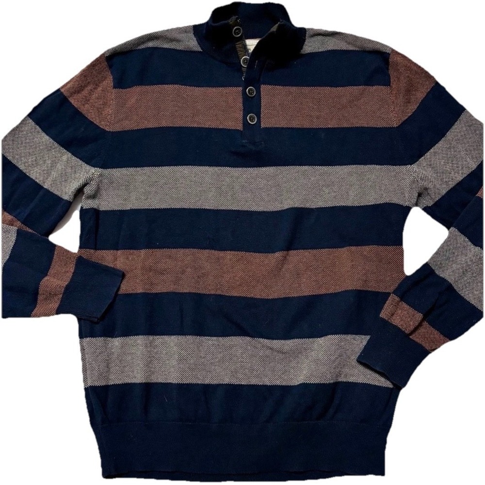 Refectory Striped 1/4 Zip Button Neck Cotton Sweater Pullover Men's L